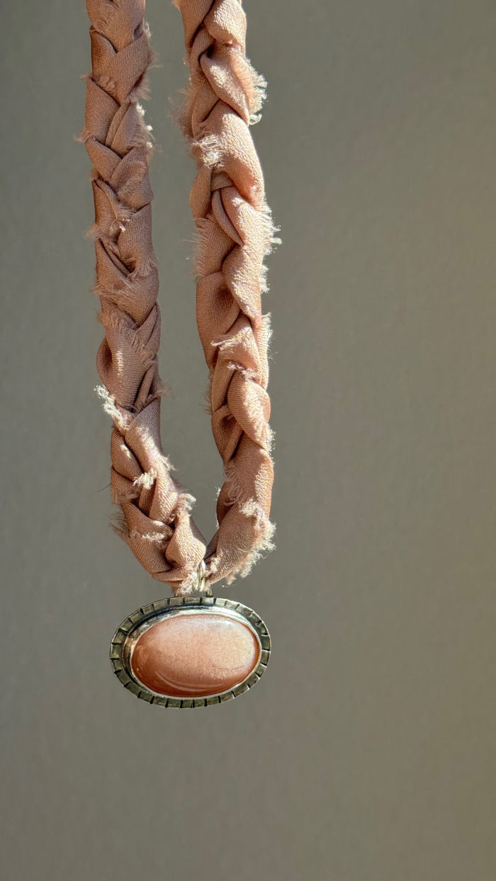 Peach Moonstone Sun Pendant on Fiber Braided Chain (.925 Pendant)