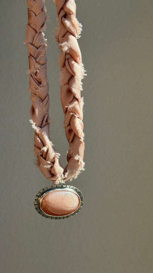 Peach Moonstone Sun Pendant on Fiber Braided Chain (.925 Pendant)