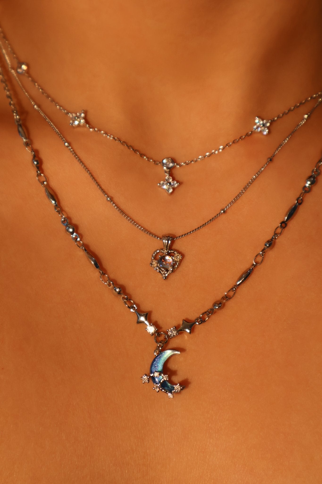 Palladium White Gold Plated Moonstone Moon Star Necklace