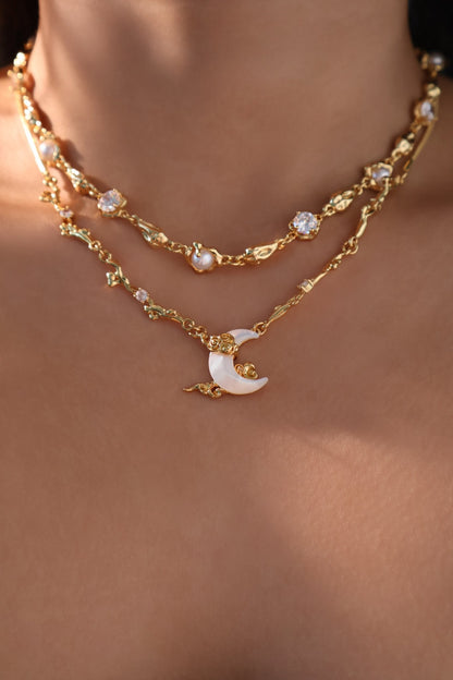 18K Real Gold Plated Diamonds Natural Shell Moon Necklace