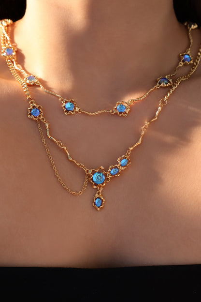 18K Real Gold Plated Multi Deep Blue Moonstones Necklace